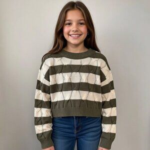 Striped Grey and Cream Girl’s Cropped Sweater